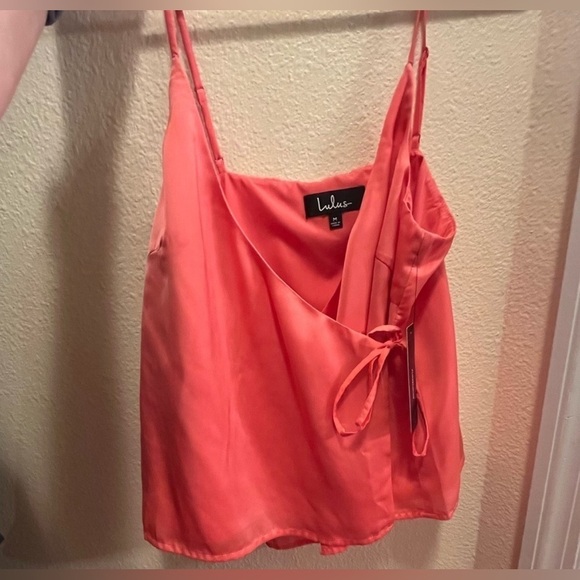 NWT Lulus Lissie Coral Pink Satin Sleeveless Wrap Spaghetti Strap Tank Top - Picture 7 of 7